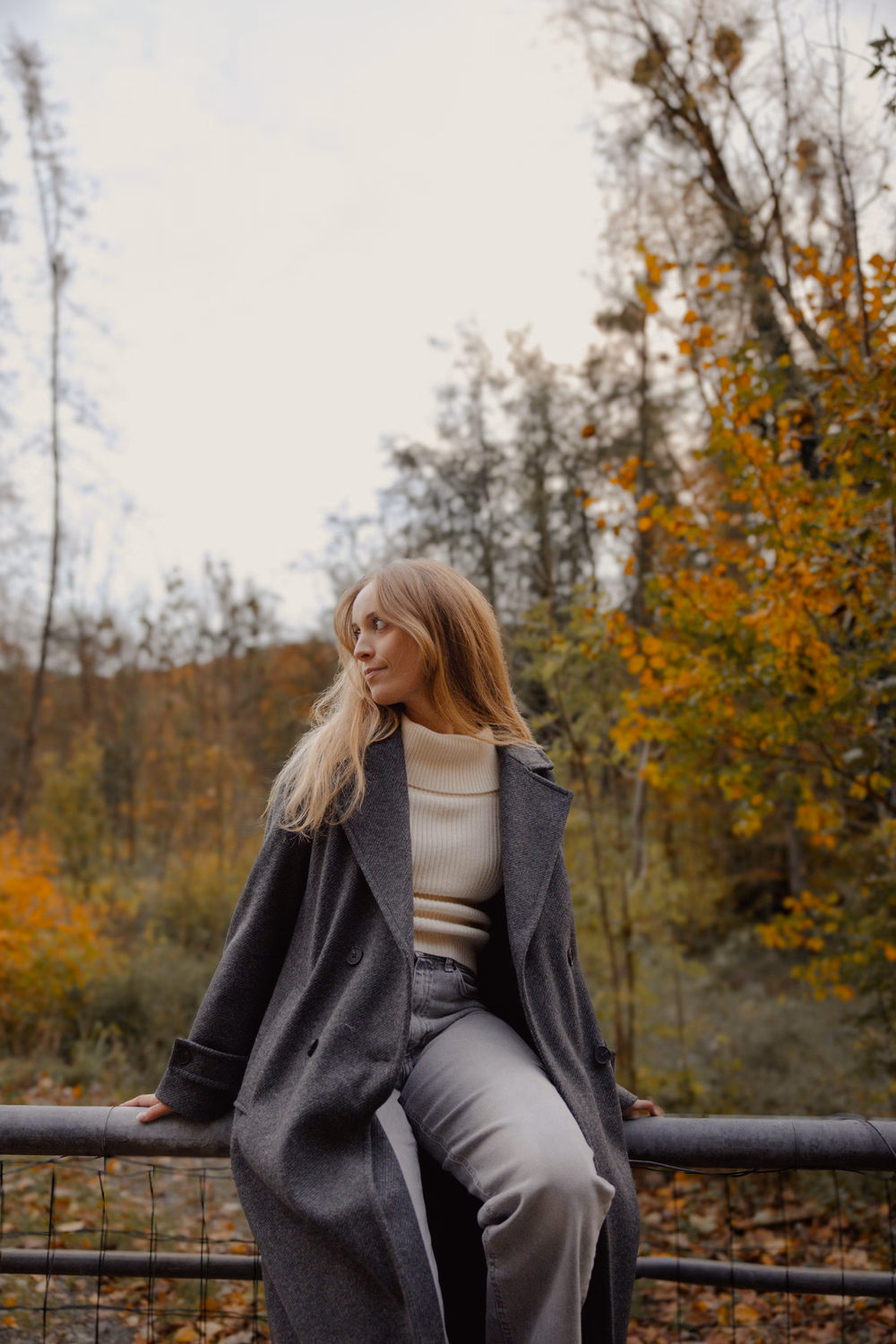 Frau mit langen blonden Haaren sitzt auf einem Geländer in herbstlicher Waldlandschaft, trägt grauen Mantel und Creme-Pullove